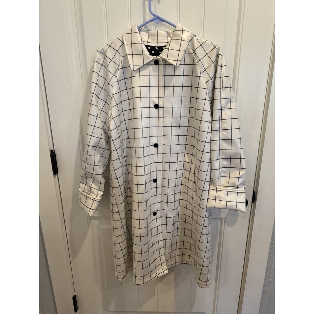Jane Post NYC Women’s L Ivory Black Windowpane Hooded Raincoat Polka Dot Lined